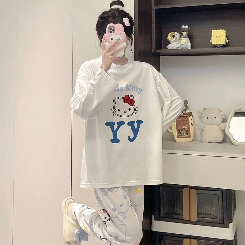 

Женский пижамный комплект Sanrio Hello Kitty, одежда для сна, хлопковая домашняя одежда, милый новый стильный пуловер с круглым вырезом, пуловер с длинными рукавами и длинными брюками