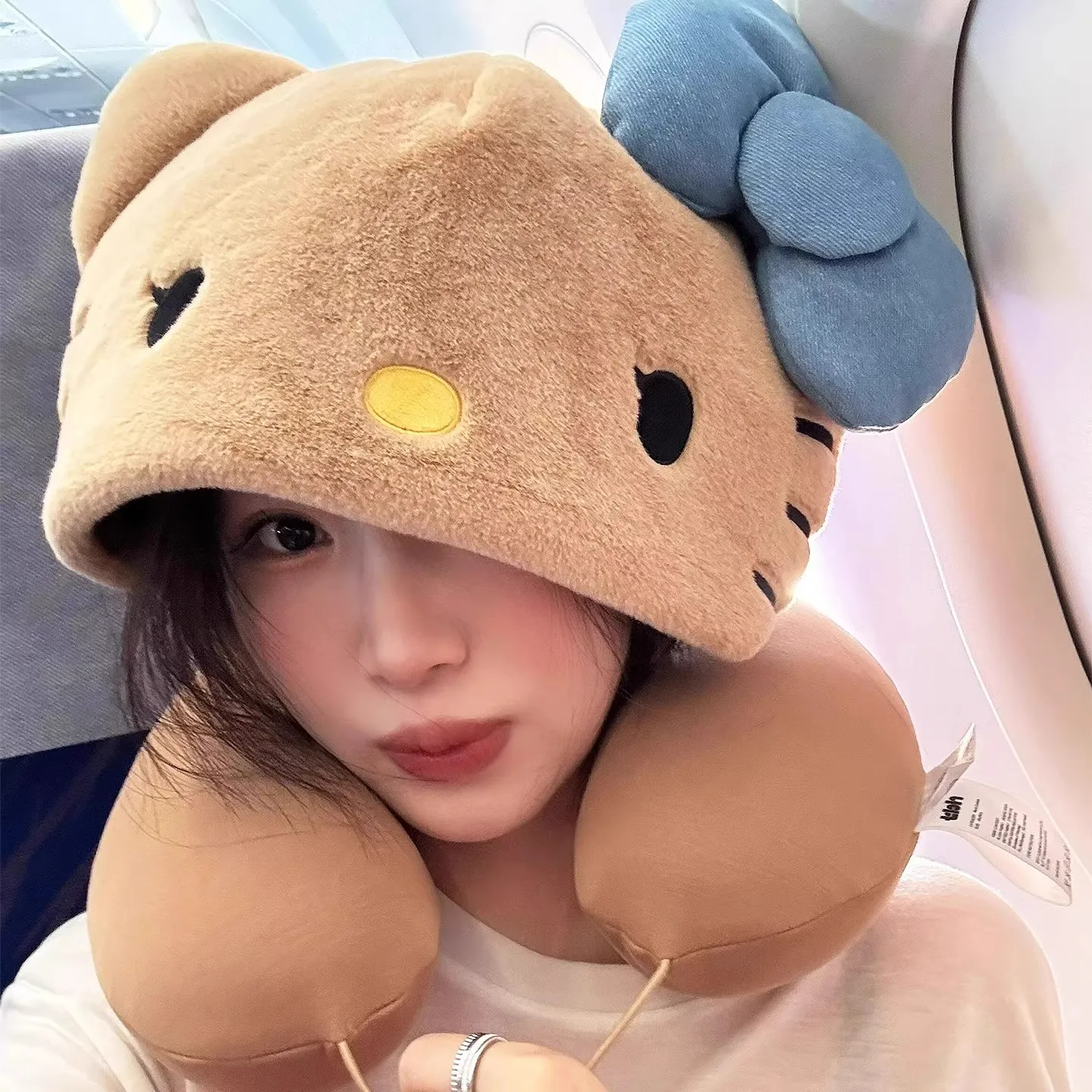 Sanrio Hello Kitty Cuscino da viaggio con cappuccio a forma di U per aereo Auto Comodo supporto per pisolino per dormire con regolabile