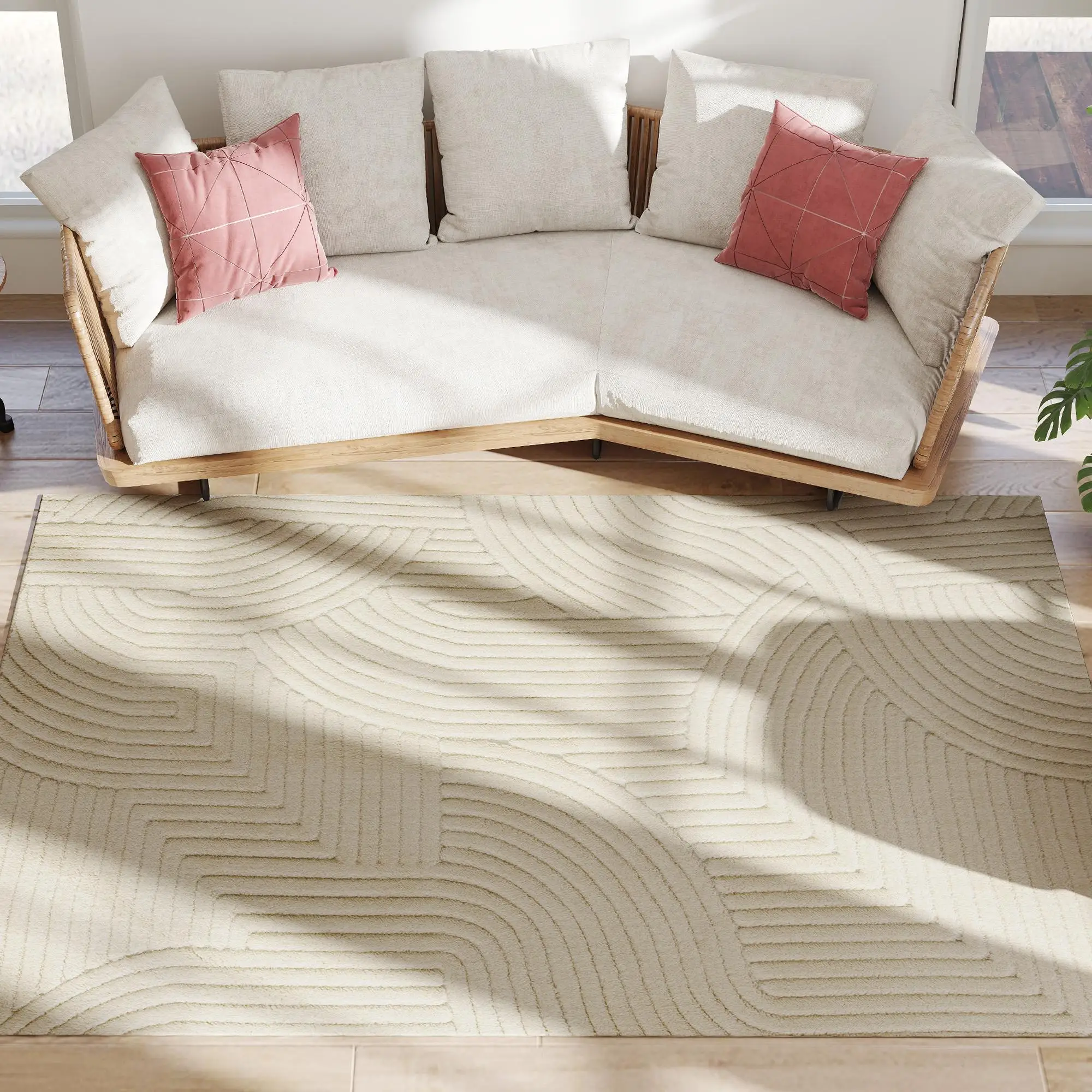 Tapis jacquard tissé à la machine 230x160 cm 15 mm de hauteur blanc crème base antidérapante pour salon