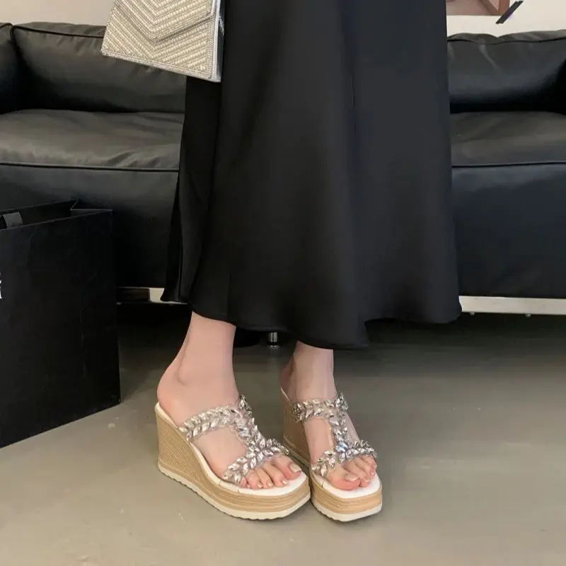 

Silver Wedge Sandals Woman PVC Clear Rhinestones Summer Slippers Black Platform High Heels 9cm Leisure Beach Shoes Sandalias