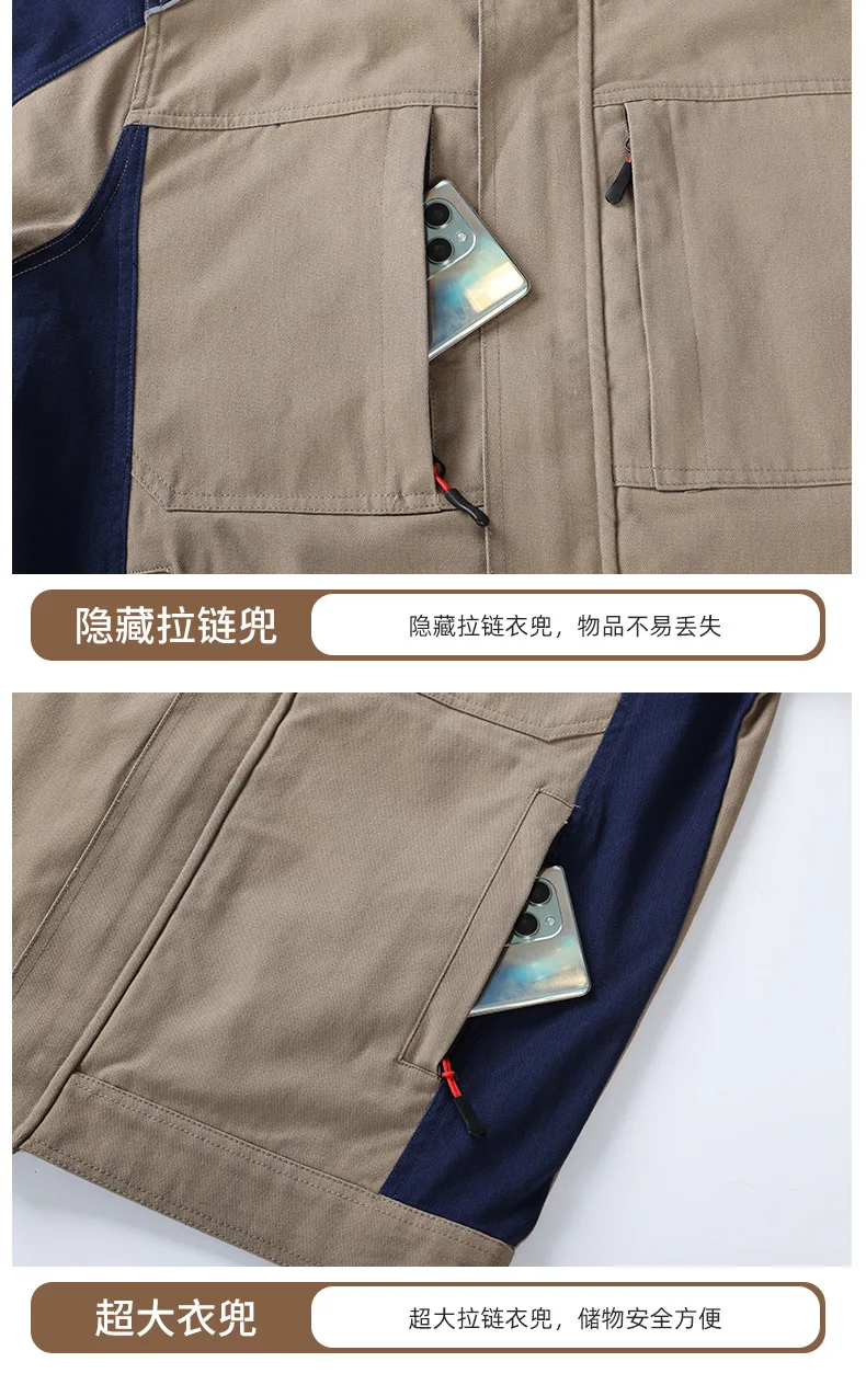 Herren-Arbeitsanzug aus strapazierfähiger Baumwolle, zweiteilig, mit mehreren Taschen, Jacke und Cargohose, Outdoor-Arbeitsuniform, lässiger Alltagsanzug für die Baubranche. – Detail 5