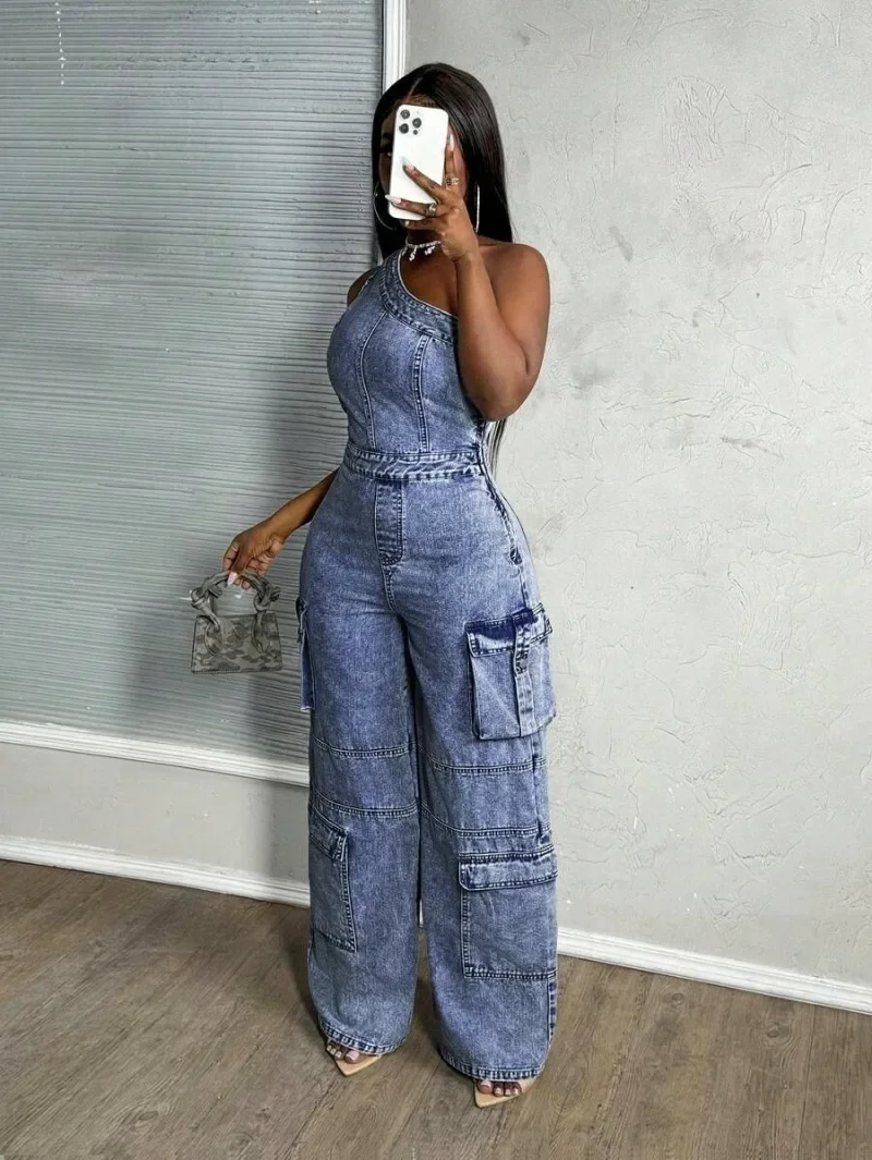 GUWU 2025 Fashion Women’s Jumpsuits One Shoulder High Waist Slim Fit Elastic Washed Denim One Piece Oufit Rompers