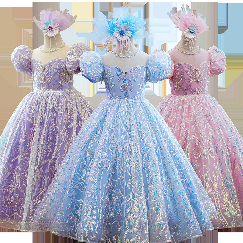 Kids Pink Blue Birthday Party Dress for Girls 4 10 To 12 Year Children Elegant Evening Dresses Long Luxury 2023 Formal Ball Gown