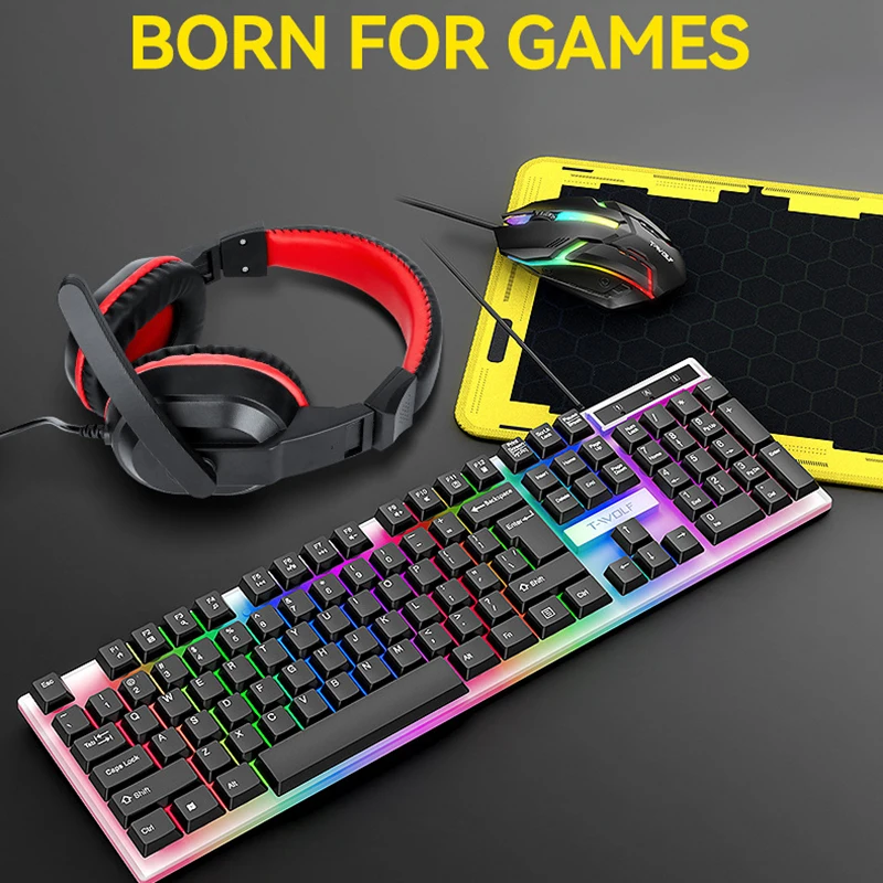 4pcs Set USB Wired Gaming Computer Accessories Luminous Backlit Keyboard Mouse New 4 in 1 Keyboard Mouse Earphone Mousepad