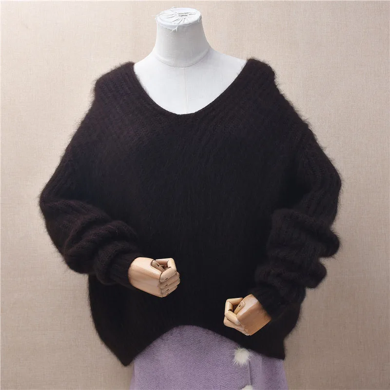 Heavy Thick Ladies Women Autumn Winter Hairy Plush Mink Cashmere Knitted V-Neck Long Sleeves Striped Loose Pullover Sweater Pull