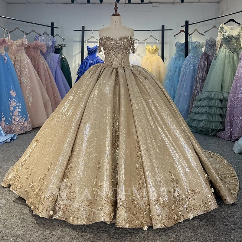 

Gold Shiny Princess Sweet 16 Dress Dress Quinceanera Dresses Applique Flower Beading Tull Party Birthday Vestidos 15 De Anos