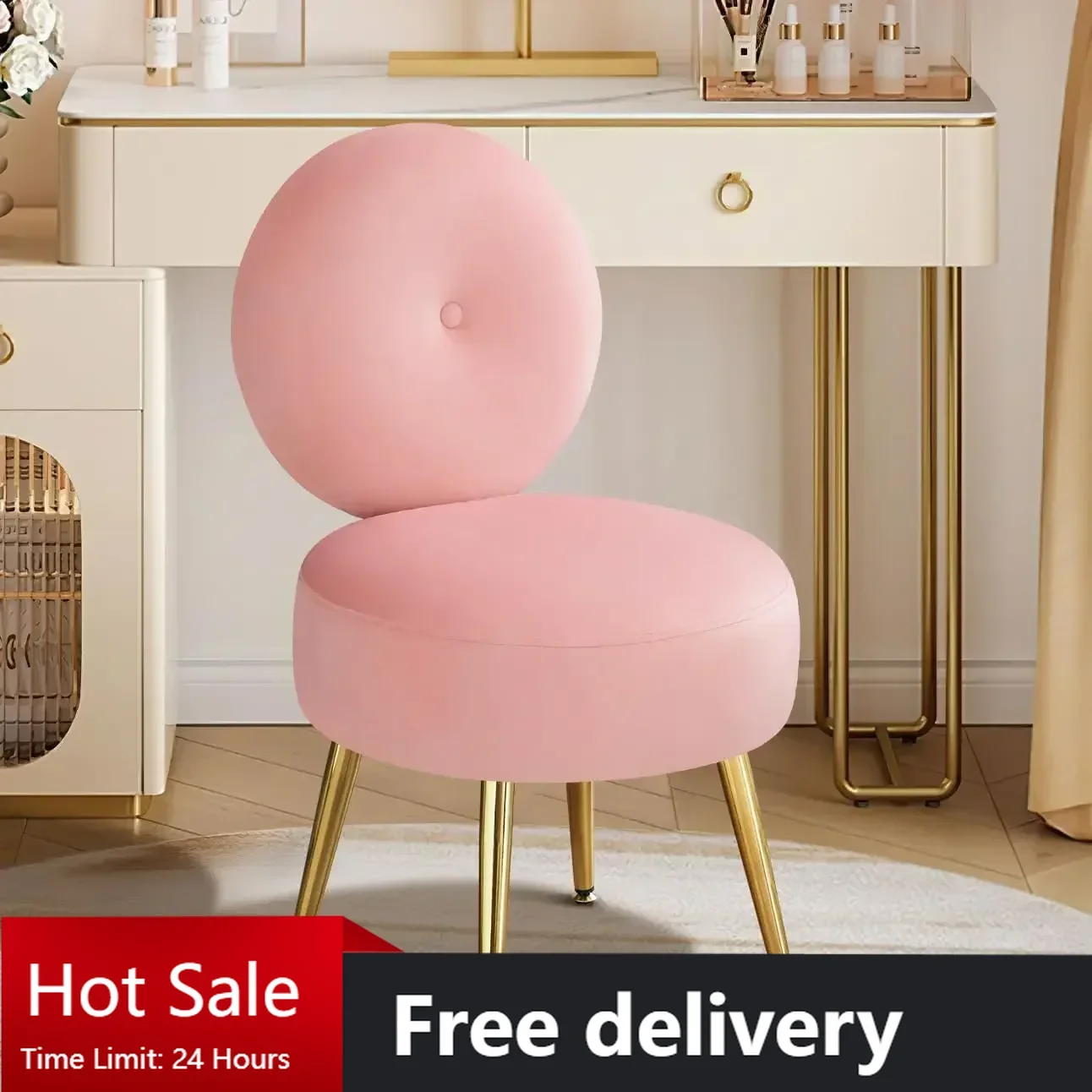

Pink Vanity Stool Chair with Back, Cute Small Accent Chair Round Makeup Chair with Gold Legs for Vanity Bedroom Bathroom