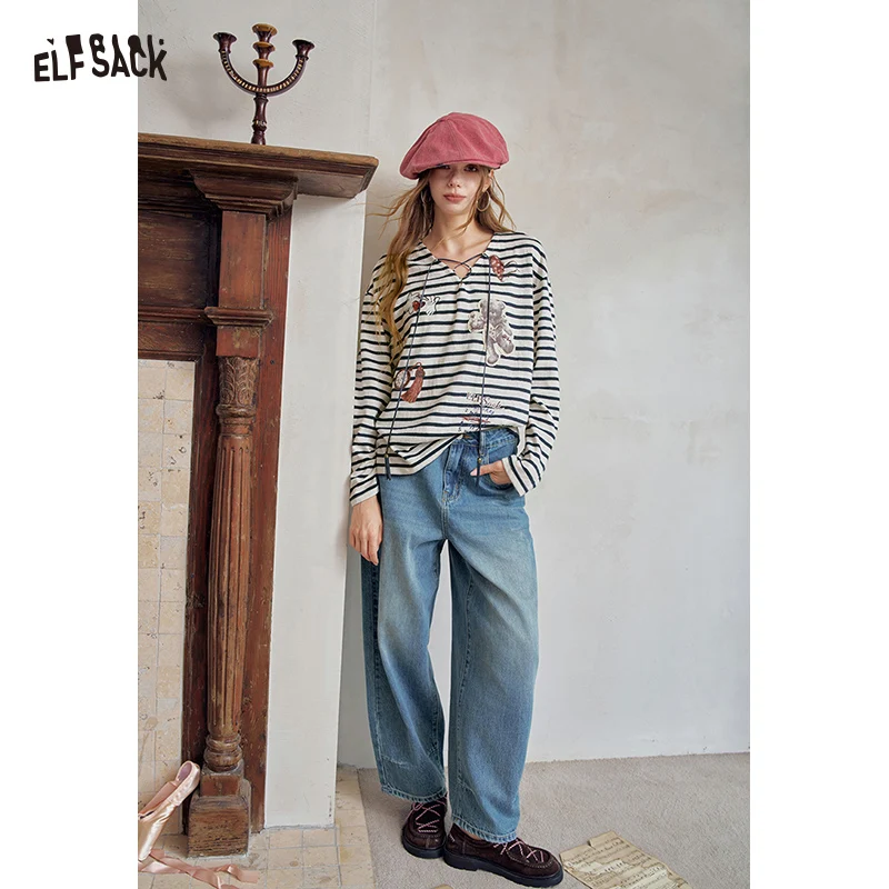 ELFSACK Women's Blue Loose-Fit Jeans with Front Pockets, Casual High Waist Denim Pants, Vintage Baggy Trousers for Everyday Wear