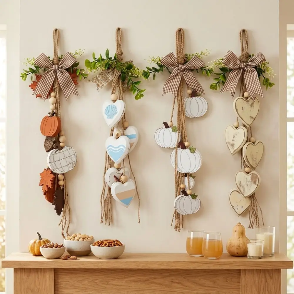 Rustic Farmhouse Wooden Heart Wall Hanging Distressed Fall Maple Leaf Heart String Pendant Vintage Eucalyptus Bow