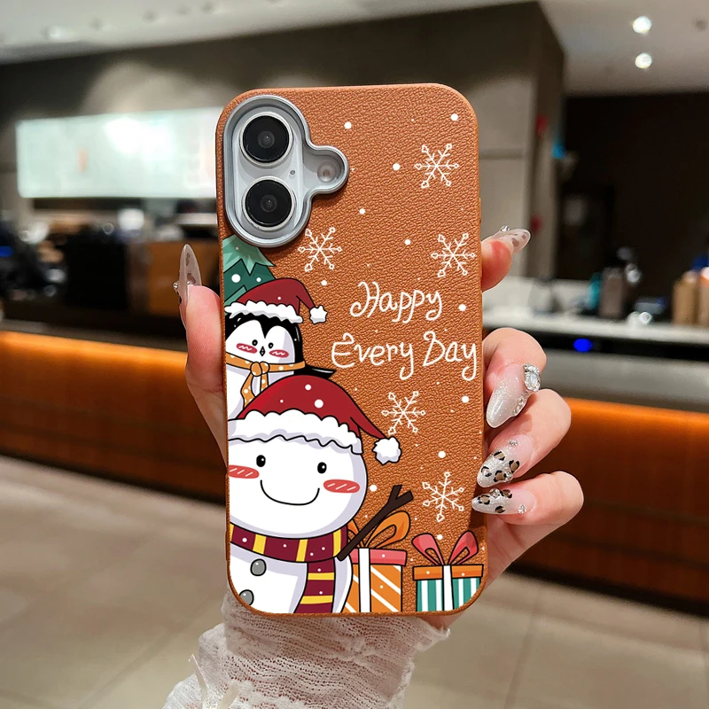 Christmas Penguin Snowman Case For iPhone 16 Pro Max Coque iPhone 11 12 13 14 15 Pro Max SE Leather Texture Soft Silicone Cover