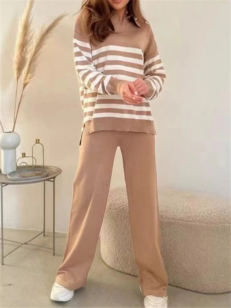 REALEFT Autumn Winter 2 Pieces Women\'s Sets Knitted Tracksuit Striped Polo Collar Sweater and Jogging Harem Pants Outfit Suits