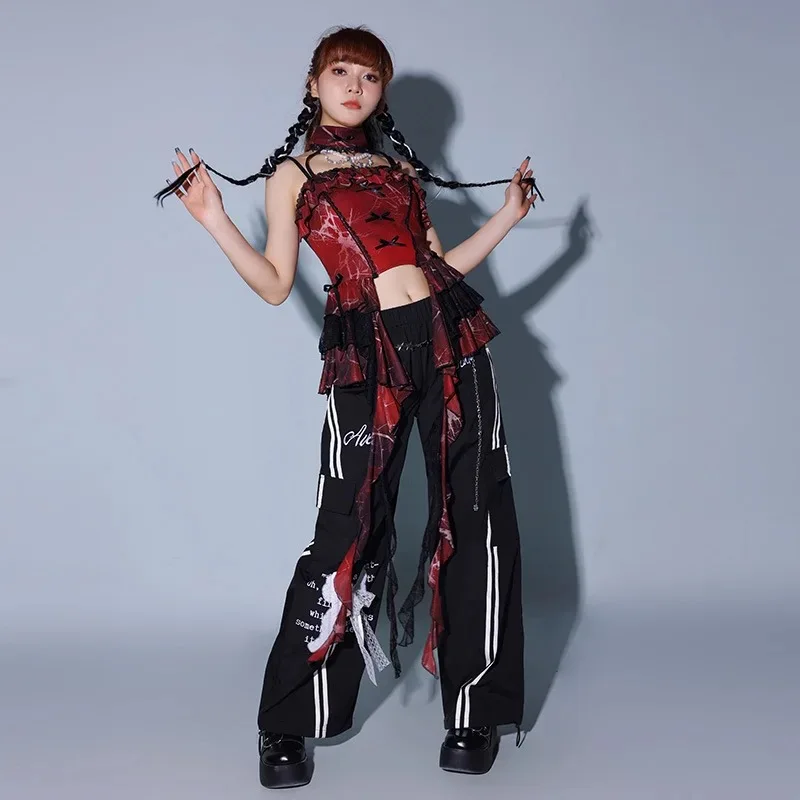 

Jazz Dance Wear Punk Idol Kpop Stage Costume Women Top Cargo Pants Choker Nightclub Party Rave Outfit 2025 New Red Black
