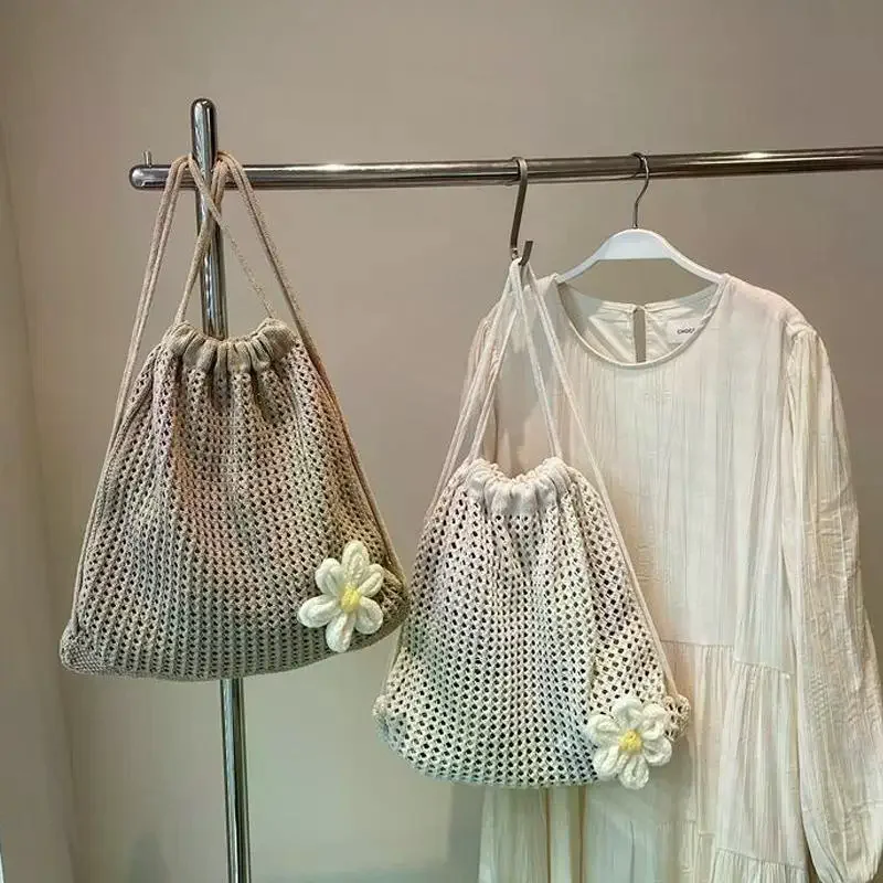

Solid Color Knitting Shoulder Bag Large Capacity Bohemian Crochet Backpack Hollow Out Beach Travel Female Shopping Tote Bag