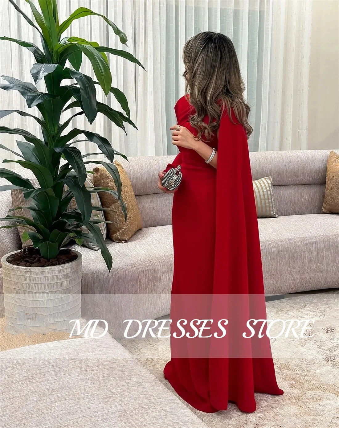 MD Elegant Red Evening Gown A-line Long Sleeve Square Collar Prom Down Muslim Saudi Floor-length Formal Occasion customised 2025