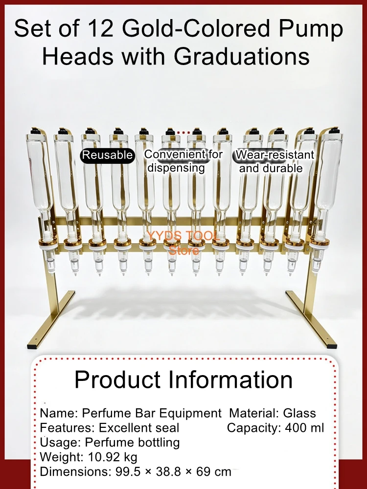 Set of 12 400ml Clear Glass Pump Bottles with Graduated Markings and Gold Stands (Perfume Not Included)