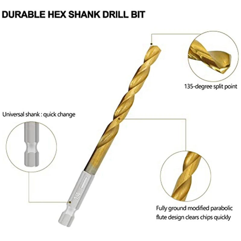 FYBL Titanium Hex Drill Bit Set, 13Pcs HSS Impact Drill Bits 135 Degree Tip, 1/4 Inch Hex Shank for Metal Wood, Quick Change