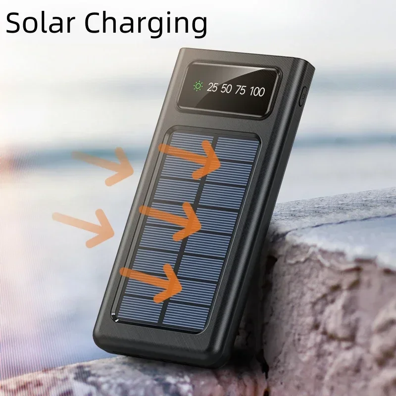 Super large capacity fast charging treasure belt LED light solar convenient fast charging USB port power bank suitable NEW 2024