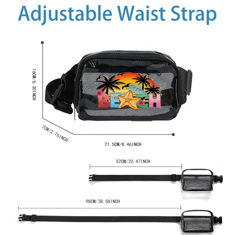 transparent waist bag shoulder bag with inside mesh pocket summer holiday pattern design zipper closure