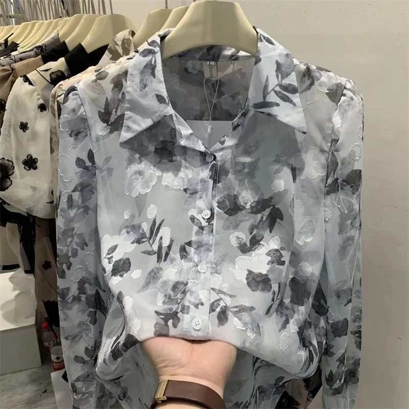 Elegant  Neck Silk Shirt Women's Summer New Design Long Sleeve Sun Protection Cotton Polyester Fiber Printed Blouse