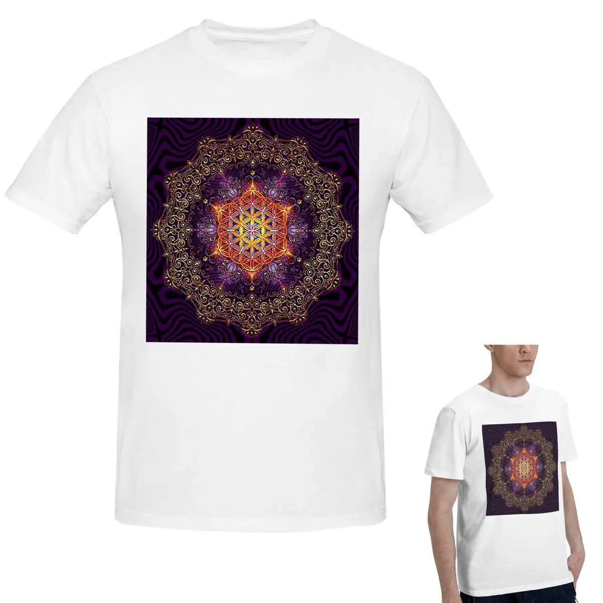

100% Cotton Flower Of Life Golden Lace Mandala T-Shirt Men's Fashion Oversized T Shirt Men Crew Neck Summer Shirts Tops S-6XL