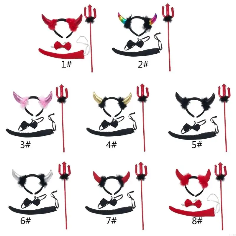 Y5JD Halloween Devil Trang phục Set Tail Bowtie Devil Horn Headband Red Pitchfleks