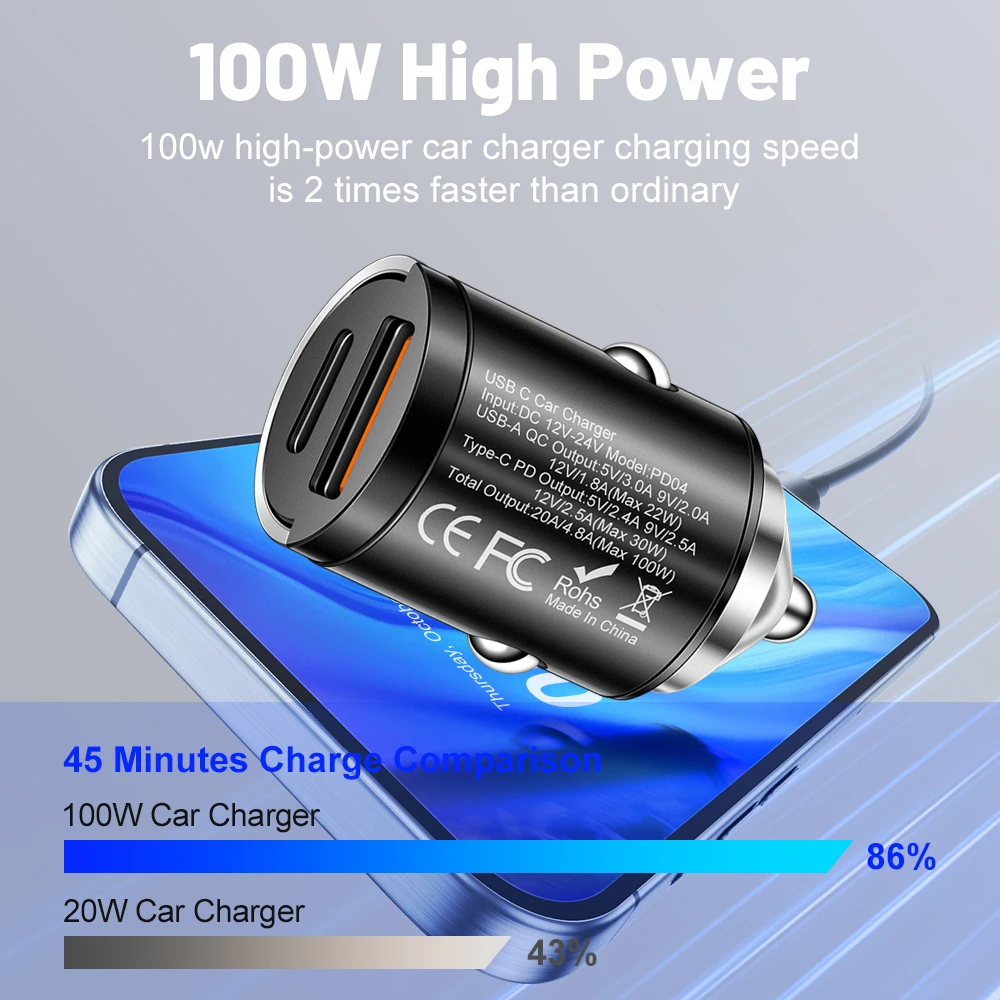 100W PD Car Charger USB Type C Fast Charging Car Phone Charger Adapter for iPhone 15 14 iPad Xiaomi Huawei Samsung Quick Charger