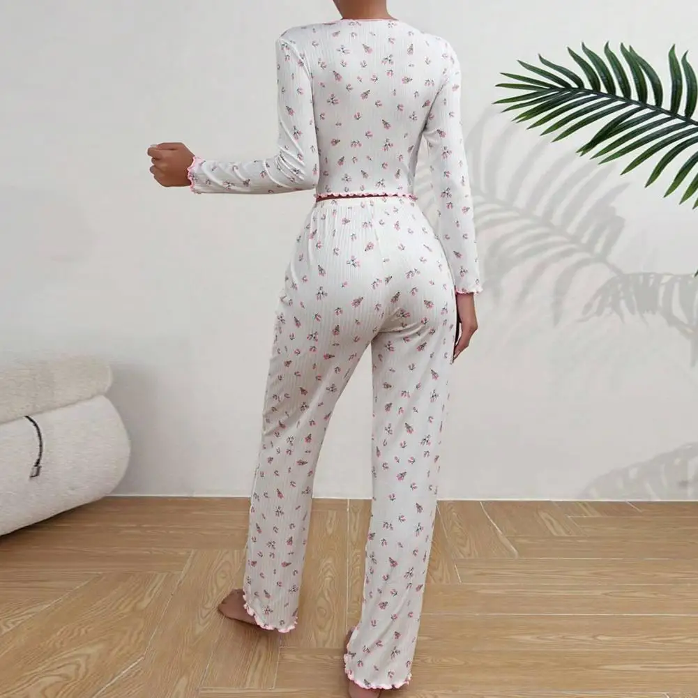 Loose Fit Sleep Set Cozy Fall Winter Women's Pajamas Set with Turn-down Collar Long Sleeve Top High Waist Pants for Casual