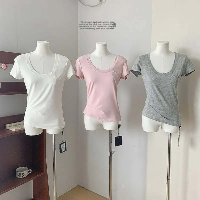 Slim Fit Short Sleeve U-Neck T-Shirt Women's Pure Color Korean Style Breathable Summer New Fashion Casual Top Shoulder Width