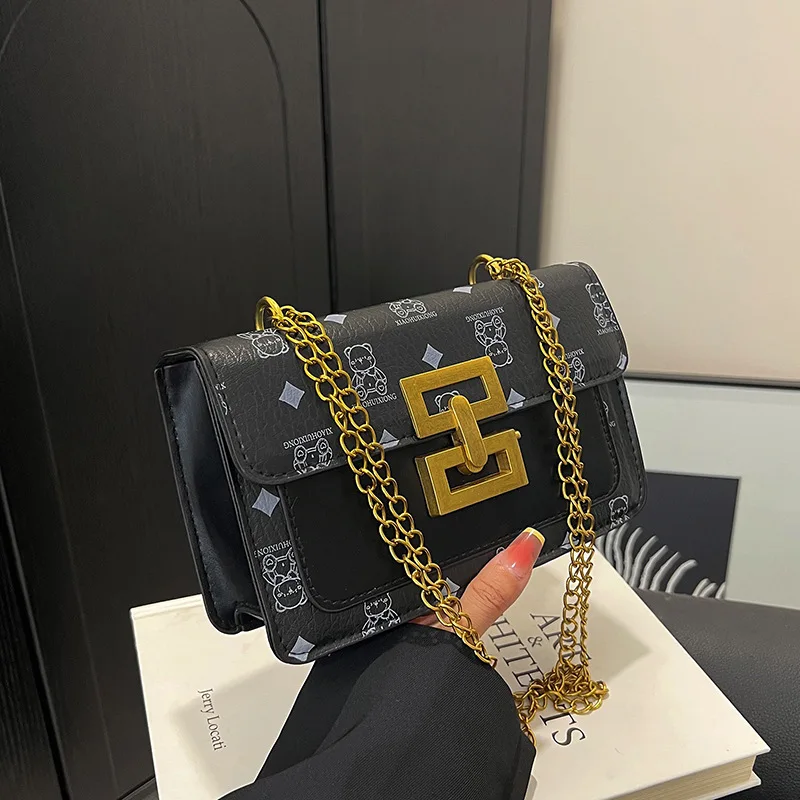 

Vintage Printed Chain Lock Bag - Women's Stylish Textured, Unique Commuter Casual Shoulder Crossbody Bag