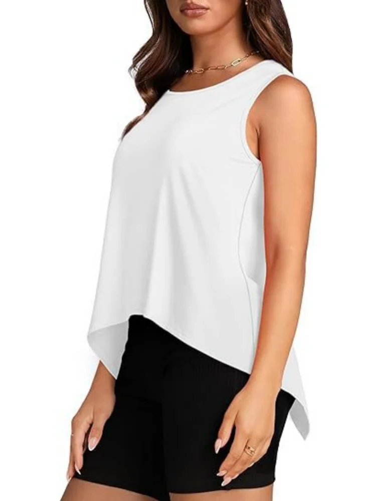 Women Summer Y2K Style Blouses Shirts Lady Casual Sleeveless O-Neck Split Solid Color Crop Tank Tops