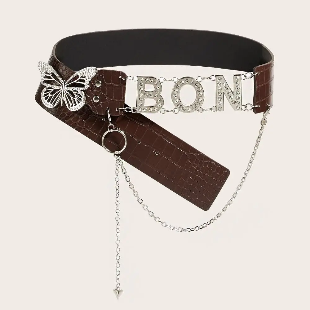 Personality PU Leather Rhinestone Belts Spice Girl Y2K Butterfly Waist Chain Letter Fashion Waistband Decorative Jeans