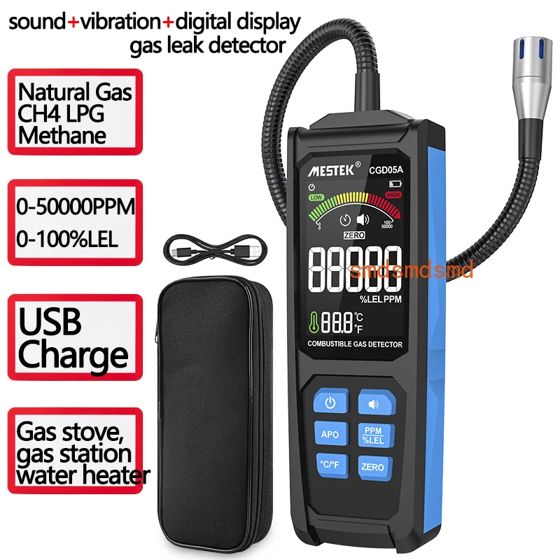 

CGD05A Gas Leak Detector USB Rechargeable Combustible Natural Gas CH4 LPG Methane Analyzer Buzzer Alarm 0-50000PPM 0-100%LEL
