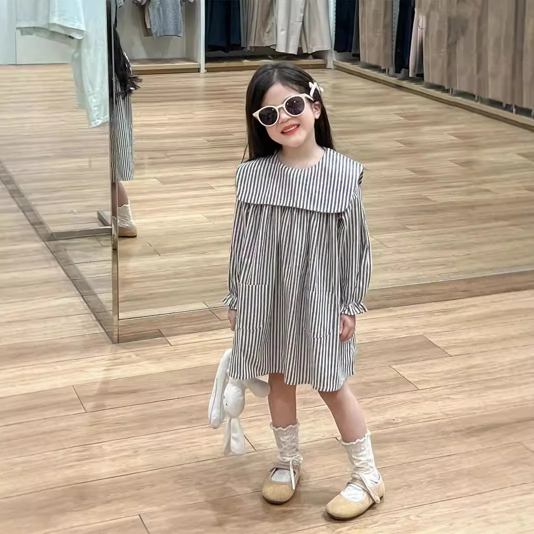 Dress Girls Autumn Sweet Pocket Vertical Striped Square Neck Loose Long Sleeved Doll Dress Princess Dress Kids Clothes Girls