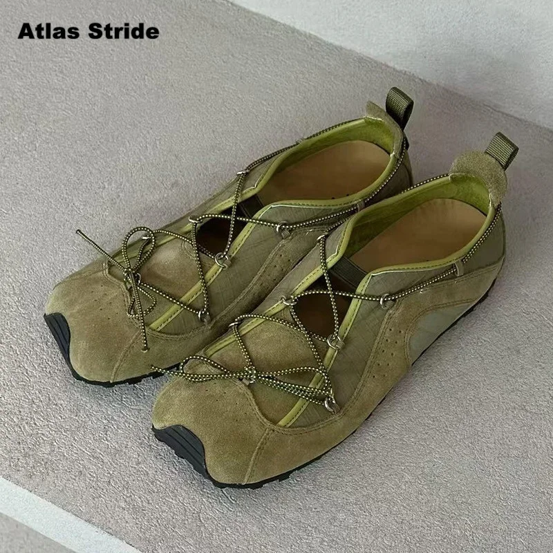 

Women's Khaki Suede Mesh Sneakers Multi-Way Laces Contrast Sole Breathable Lightweight Casual Daily Walking Outdoor Footwear