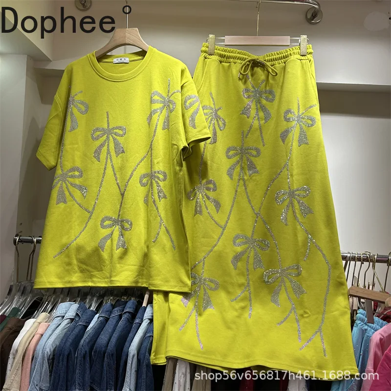 

Casual Summer Women Two-piece Set Cute Bow Hot Drilling Loose Short Sleeve T-shirt Top + Lemon Yellow Mid-length A-line Skirts
