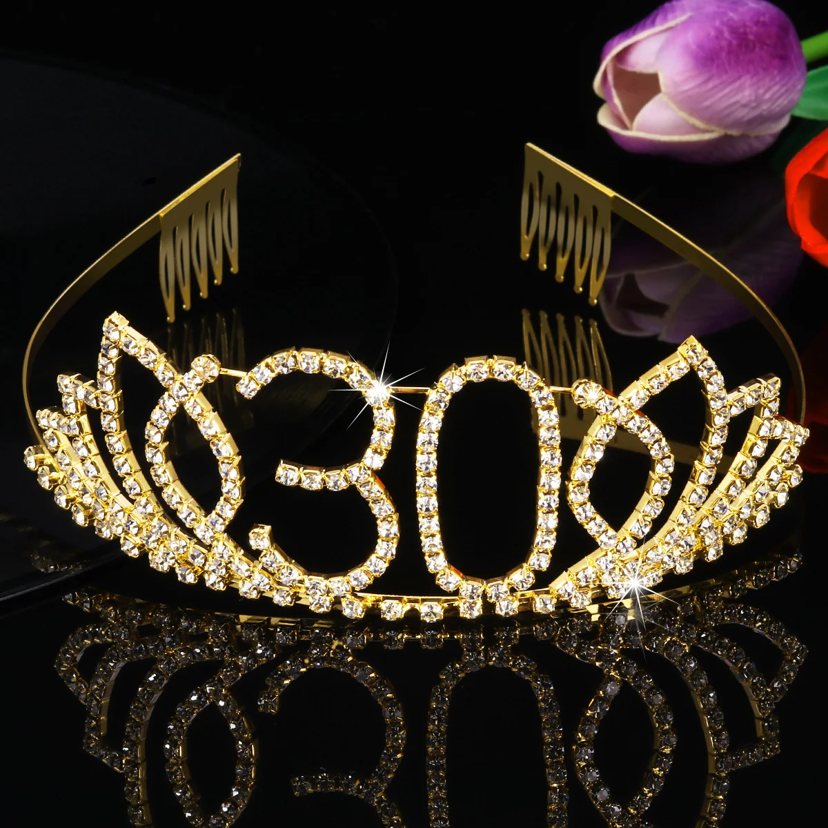 

1pc 30Th Birthday Tiara Crystal Rhinestone Crown Lightweight For Party Prom Decorations Queen Headband Hair Combs Clip Gold