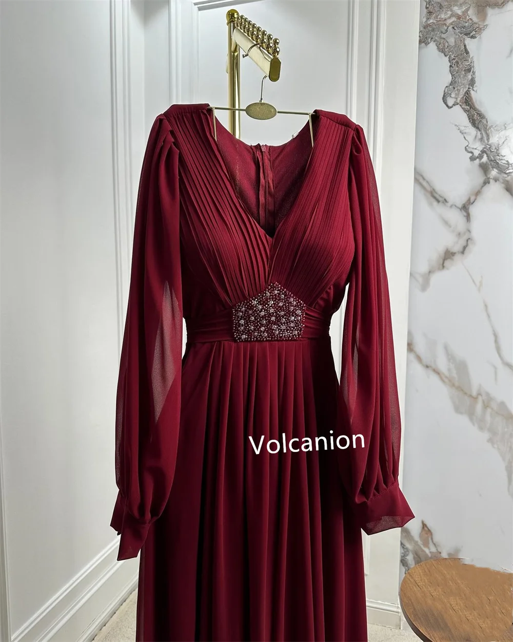 Customized Chiffon Rhinestone Pleat A-line V-neck Midi Dresses Bespoke Occasion Prom Casual Simple Sizes Available