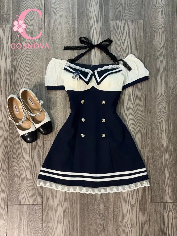 

Новое повседневное женское мини-платье в корейском стиле ретро Y2K с открытыми плечами, халтером, кружевными вставками и элементами морского стиля