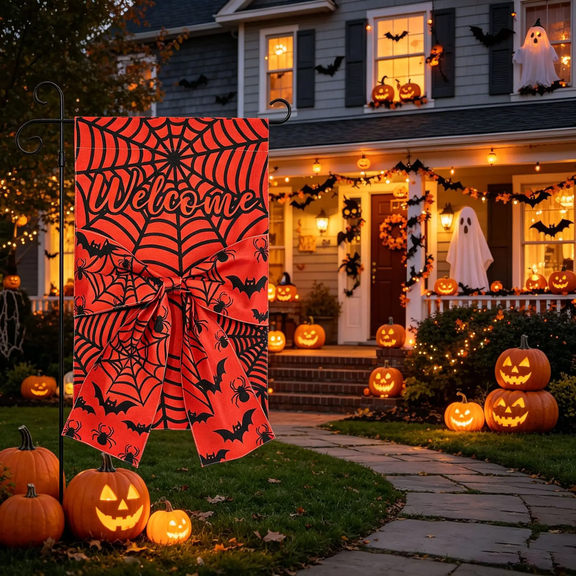 2 Stück Halloween Gartenläufer Digital Bedruckt Doppelseitiger Leinenstoff Schleifendekoration Hofläufer – Detail 14