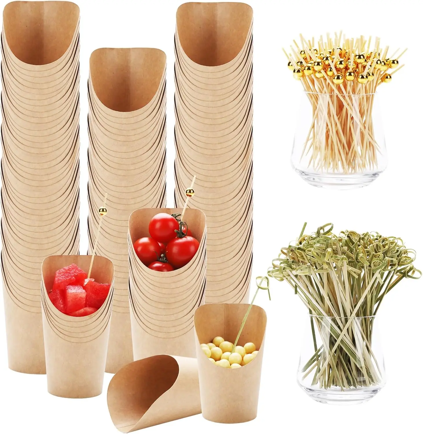 

550 Pcs Paper Charcuterie Cups Disposable Set, 150 pcs 14 oz Kraft Paper Appetizer Cups with 400 Bamboo Cocktail Picks,