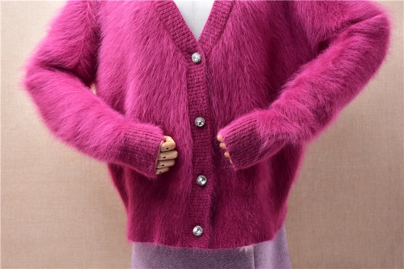 Women Mujer Autumn Winter Clothing Hairy Mink Fur V-Neck Angora Rabbit Hair Knitted Loose Cardigans Sweater Jacket Coat Pull Top