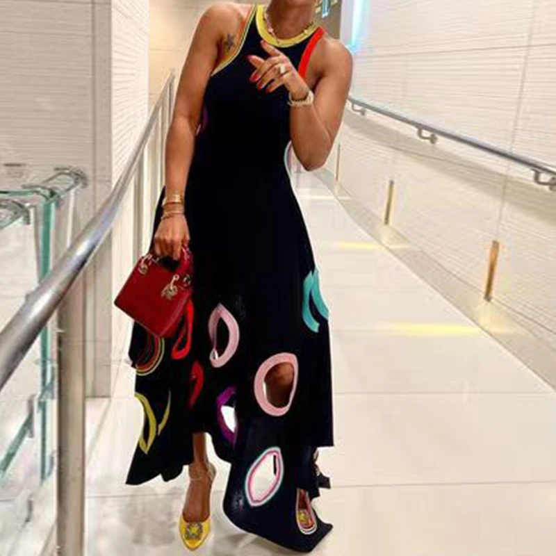 Women Round Neck Circle Hollow Out Pleated A-Line Tank Dress Summer Sleeveless High Waist Long Dresses Holiday Beach Dresses