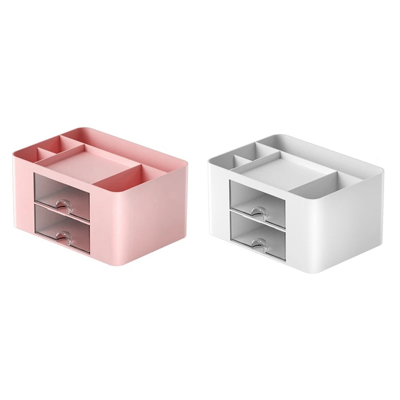 2Pcs Pink+White Simple Transparent Drawer Storage Box Children's Student Office Desktop Ornaments Pen Holder Durable Easy To Use