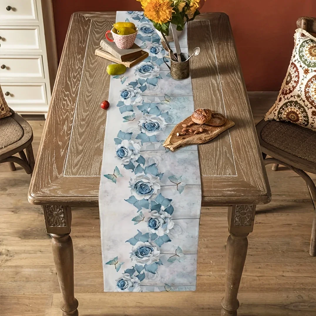 Summer Blue Flowers Butterfly Linen Table Runners Farmhouse Home Holiday Wedding Party Decor Washable Kitchen Dining Table Decor