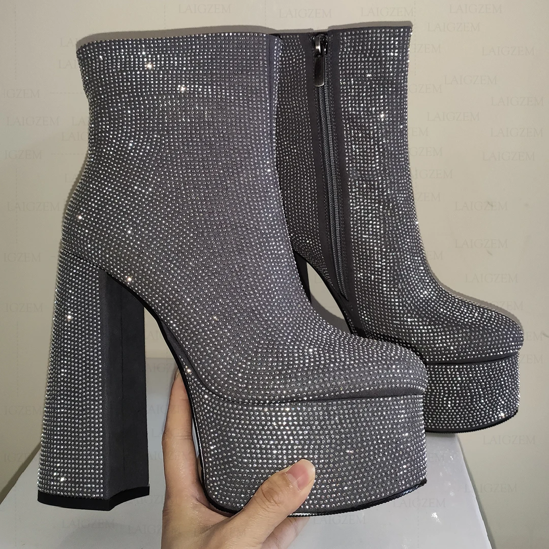 

BERZIMER Women Ankle Boots Crystal Round Toe Block Thick High Heels Platform Booties Ladies Party Shoes Woman Size 33 35 39 41