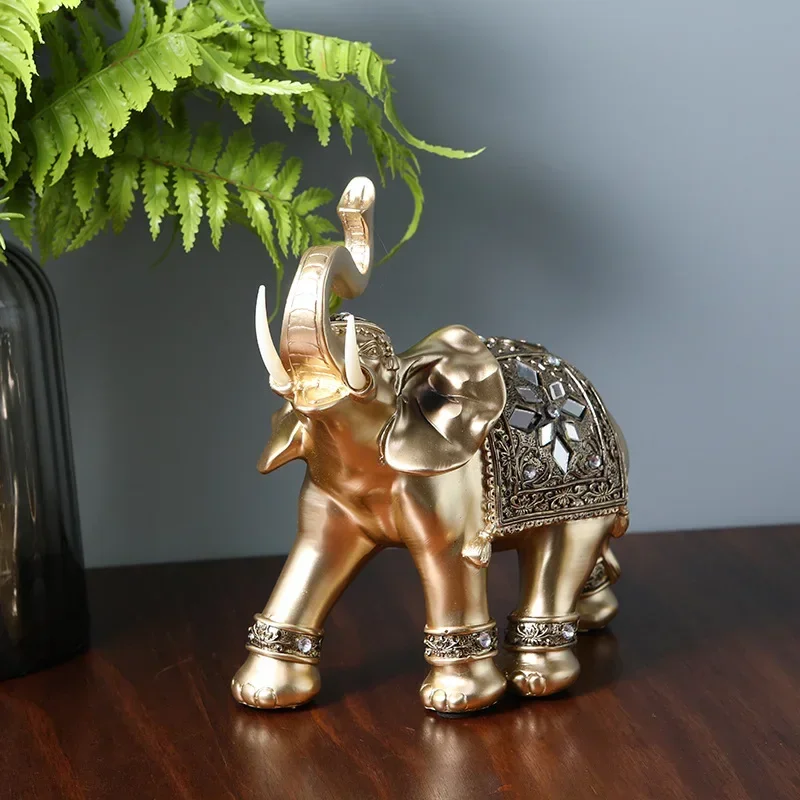 Golden Resin Elephant Statue Feng Shui Elegant Elephant Trunk Sculpture Lucky Wealth Figurine Crafts Ornaments For Home Decor