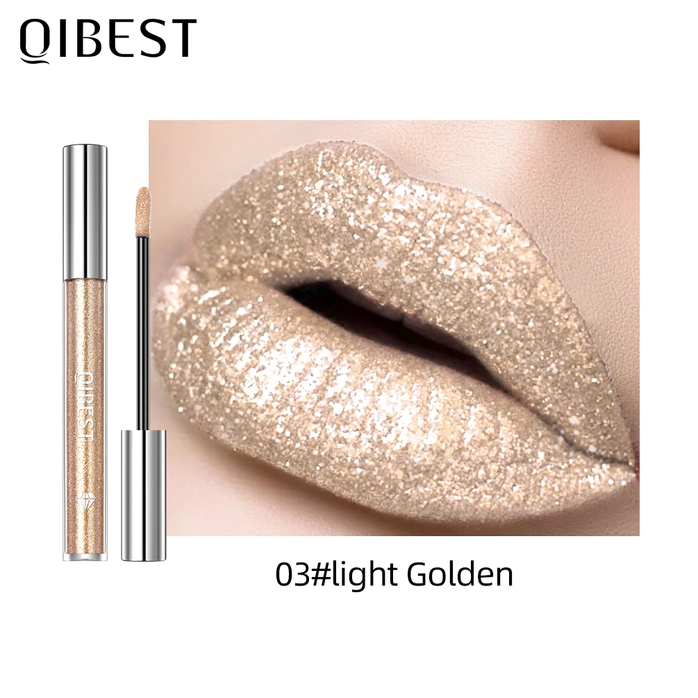 QIBEST Diamond Glitter Liquid Lipstick Waterproof Lasting Pearl Shiny Lipgloss Metal Charming Lip Stain Tint Moisturizing Makeup