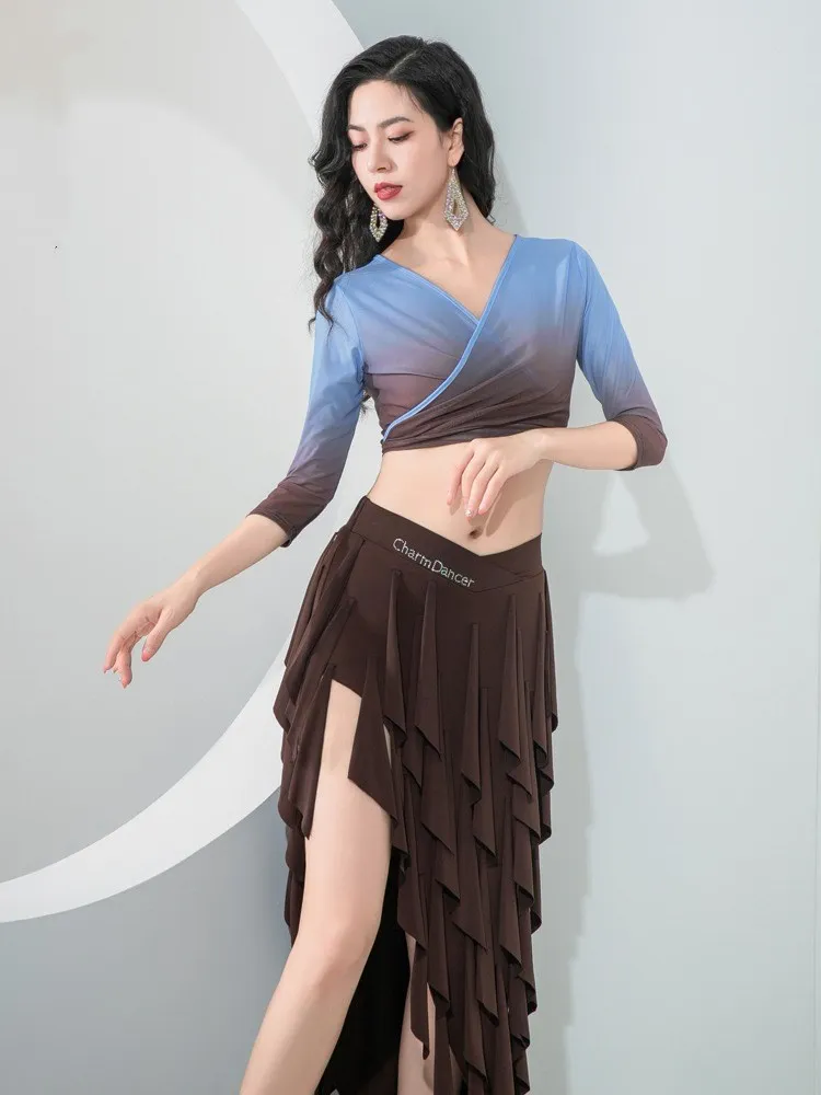 Sexy Women Belly Dance Costume 2 Piece Set Flowy Fringe Skirt Gardient Gauze Top Oriental Dancer Practice Show Stage Outfit New