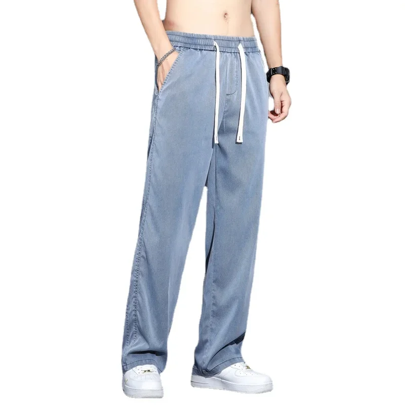 High Quality Summer Lyocell Fabric Men's Jeans Thin Straight Pants Drawstring Elastic Waist Korea Casual Trousers Plus Size