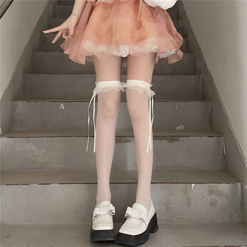 Summer Thin Thigh Slim Fit Sweet Long Milky White Stockings Soft Girl Lace Cute Bow Knee Socks